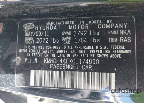 2012 Hyundai Elantra Gls (Ulsan Plant) z USA, uszkodzony, nr VIN KMHDH4AEXCU174890